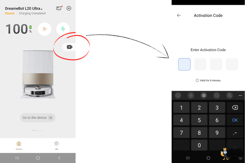 Vierstelliger Code wird in der Dreame L20 Ultra App eingegeben, um Zugriff auf die Videokamera zu bekommen.